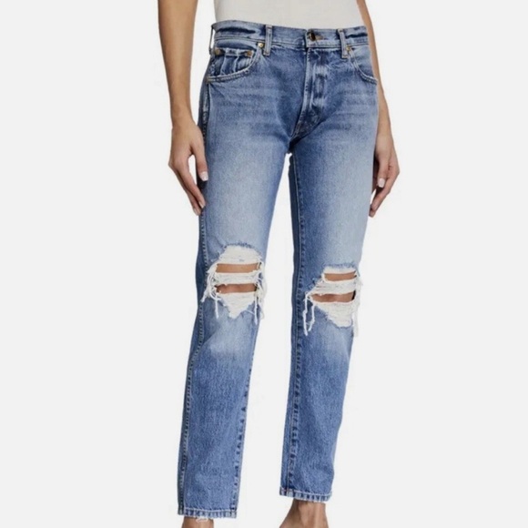 KHAITE Straight stovepipe jeans in blue Rigid Denim Distressed Women 26 New